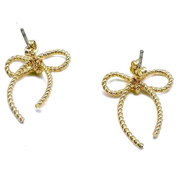 Gold Tone Rope Bow Tie Dainty Trending Stud Earrings - Picture 2 of 5